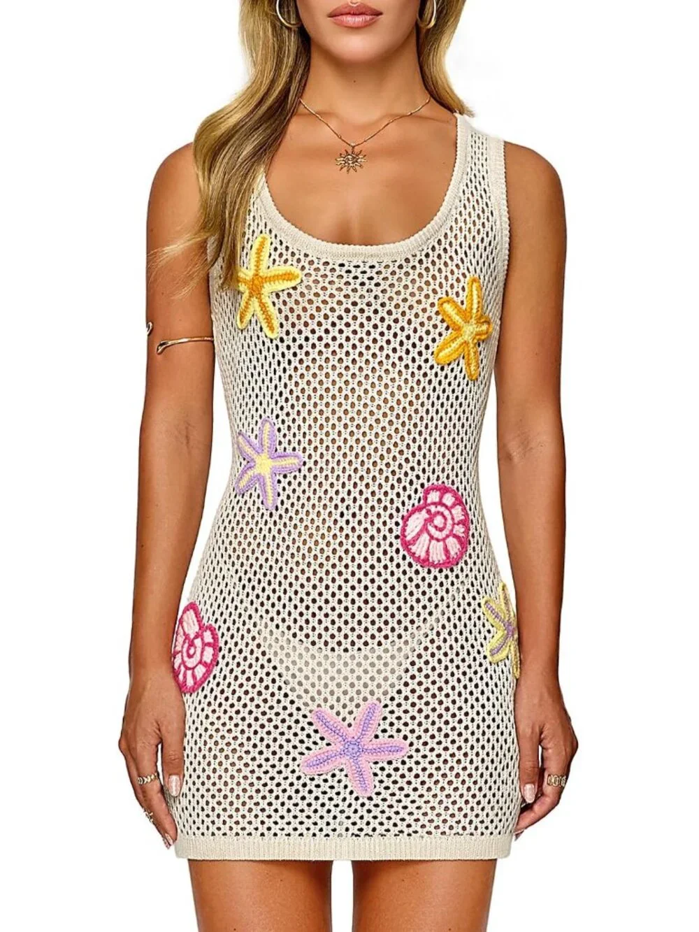 Women's with Hand-Embellished 3D Starfish & Seashells, Sleeveless Dress for Vaca